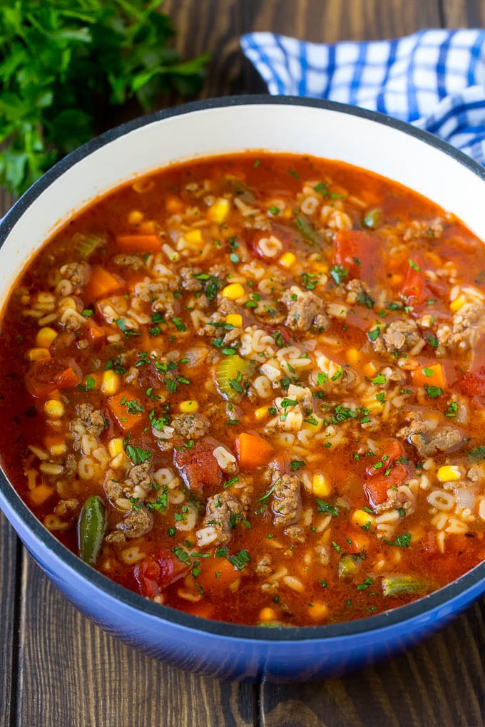 Alphabet Soup Recipe | Hamburger Soup | Beef and Vegetable Soup #soup #hamburger #noodles #dinner #edsug #carrots A pot of alphabet soup with ground beef and vegetables.