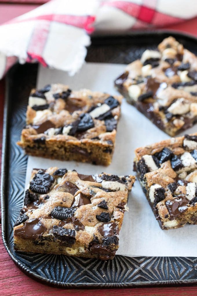 Cookies and Cream Bars Recipe | Oreo Bars | Blondie Recipe #chocolate #oreo #blondies #baking #cookies #edsug Cookies on a sheet pan.