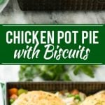 This recipe for biscuit chicken pot pie is a creamy mixture of seasoned chicken, vegetables and herbs that's been topped with flaky cheddar biscuits and baked to perfection.