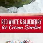 This recipe for a Red White and Blueberry Sundae is a watermelon loaded with three types of ice cream, homemade strawberry and blueberry sauces, marshmallow topping and the whole thing is finished off with whipped cream, sprinkles and chocolate covered strawberries. It's the perfect show stopper for the 4th of July!