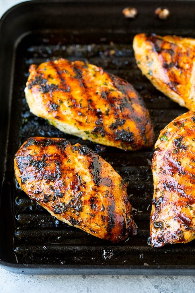Grilled Chicken Breast Recipe | Marinated Chicken Breast | Chicken Marinade #chicken #grilling #marinade #summer #dinner #edsug Chicken breasts cooked on a grill pan.