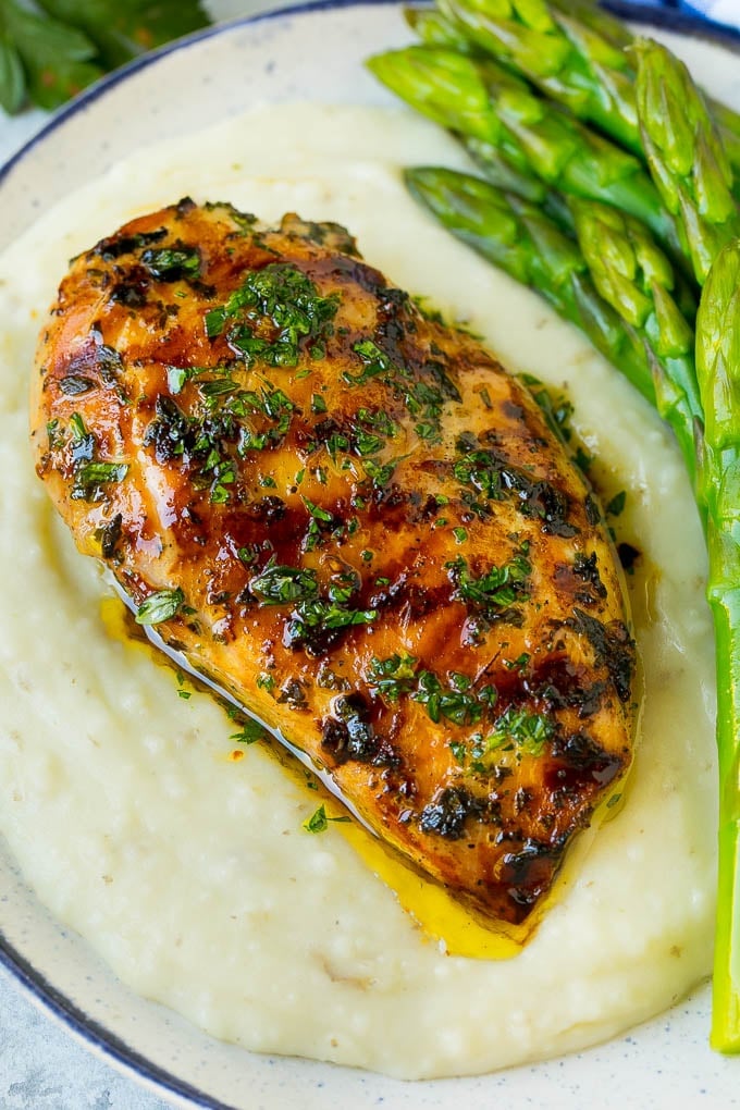 Grilled Chicken Breast Recipe | Marinated Chicken Breast | Chicken Marinade #chicken #grilling #marinade #summer #dinner #edsug Grilled chicken breast served with mashed potatoes and asparagus.