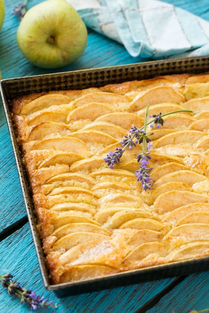 An apple cinnamon cake with apple slices baked into the top of the cake.