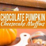 A rich chocolate muffin with a surprise chocolate chip pumpkin cheesecake center.