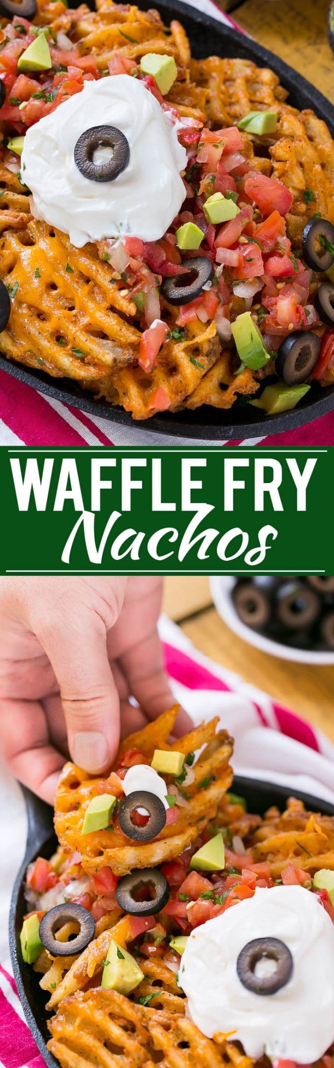 Waffle fries are smothered in nacho toppings for a fun and delicious snack.