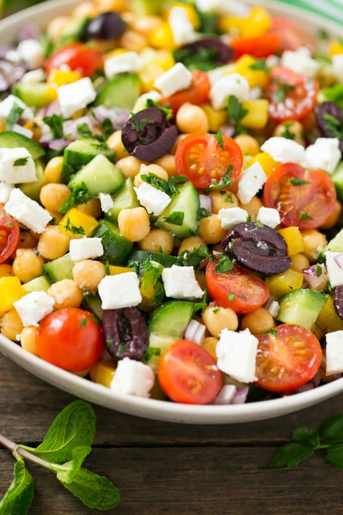 Greek Salad | Chopped Greek salad | Chopped Salad #salad #vegetarian #cheese #chickpeas #lunch #edsug A bowl of Greek salad made with chopped vegetables.