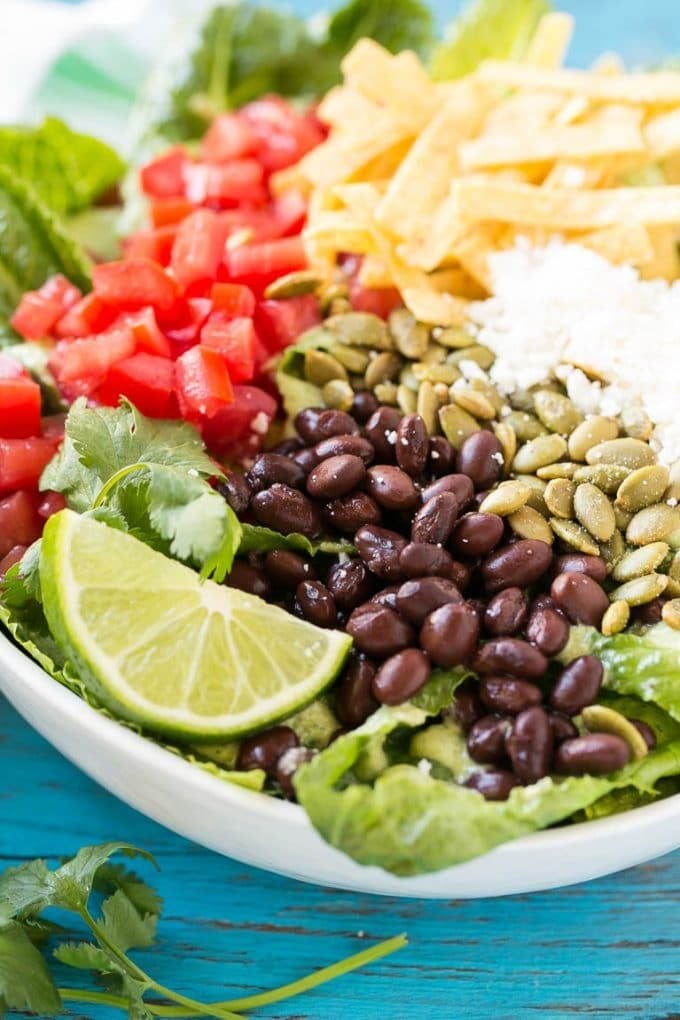 A bowl of romaine lettuce with beans, tomatoes, pepitas and cheese.