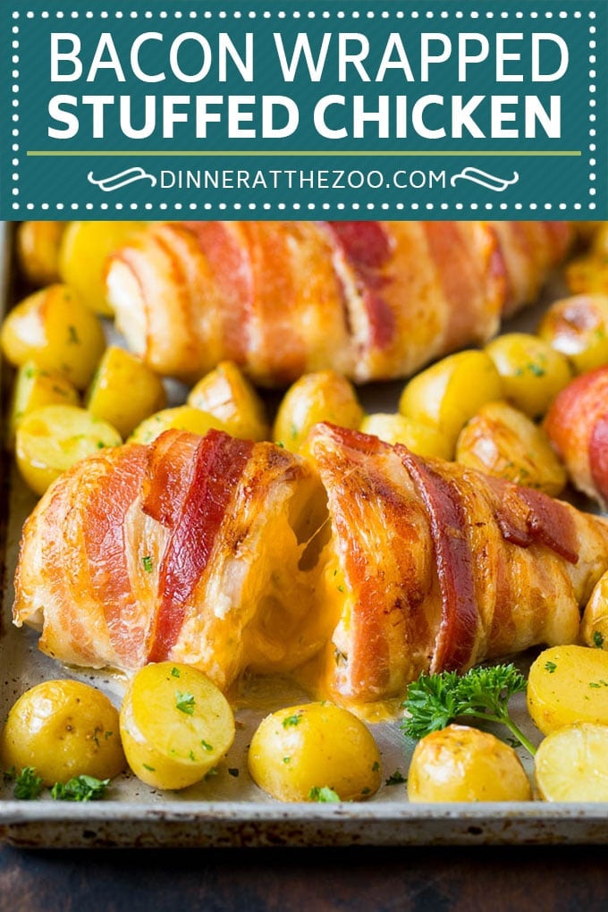 Bacon Wrapped Stuffed Chicken Breast Recipe | Sheet Pan Chicken #chicken #dinner #onepan #bacon #potatoes #edsug