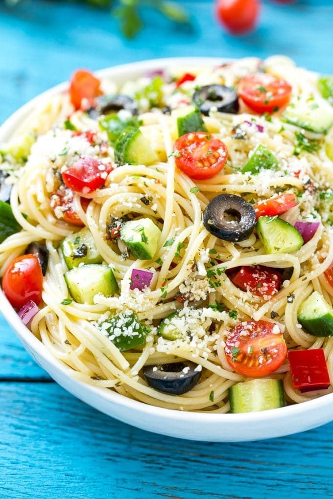 Spaghetti Salad Recipe | Pasta Salad | Potluck Recipe | Easy Pasta Salad #spaghetti #pasta #salad #edsug A bowl of pasta salad with cucumbers, olives and parmesan cheese.