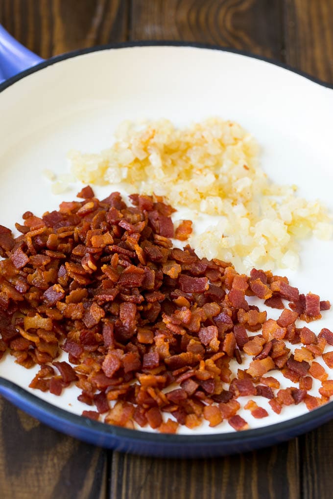 Butternut Squash Pasta Recipe #pasta #squash #bacon #fall #dinner #edsug Bacon, onions and garlic in a skillet.