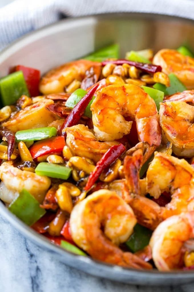 Kung Pao Shrimp | Shrimp Recipe | Shrimp Stir Fry | Easy Shrimp Recipe #shrimp #stirfry #peppers #dinner #edsug #spicy Shrimp in a savory and spicy sauce in a metal pan.