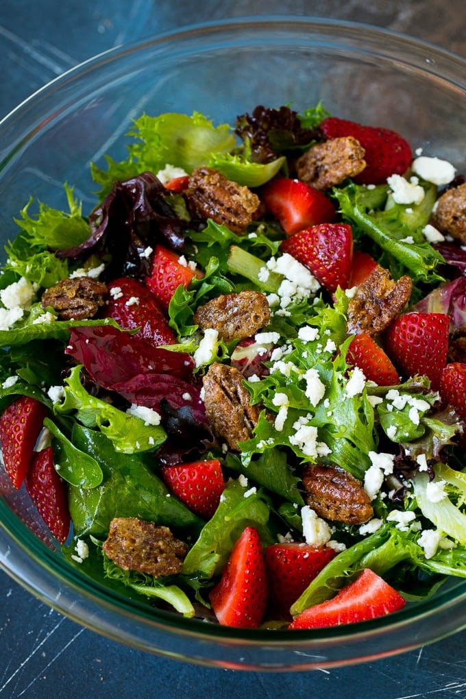 Candied Pecans Recipe | Glazed Pecans | Sugared Pecans #pecans #nuts #snack #dessert #edsug Candied pecans in a salad with strawberries and feta cheese.
