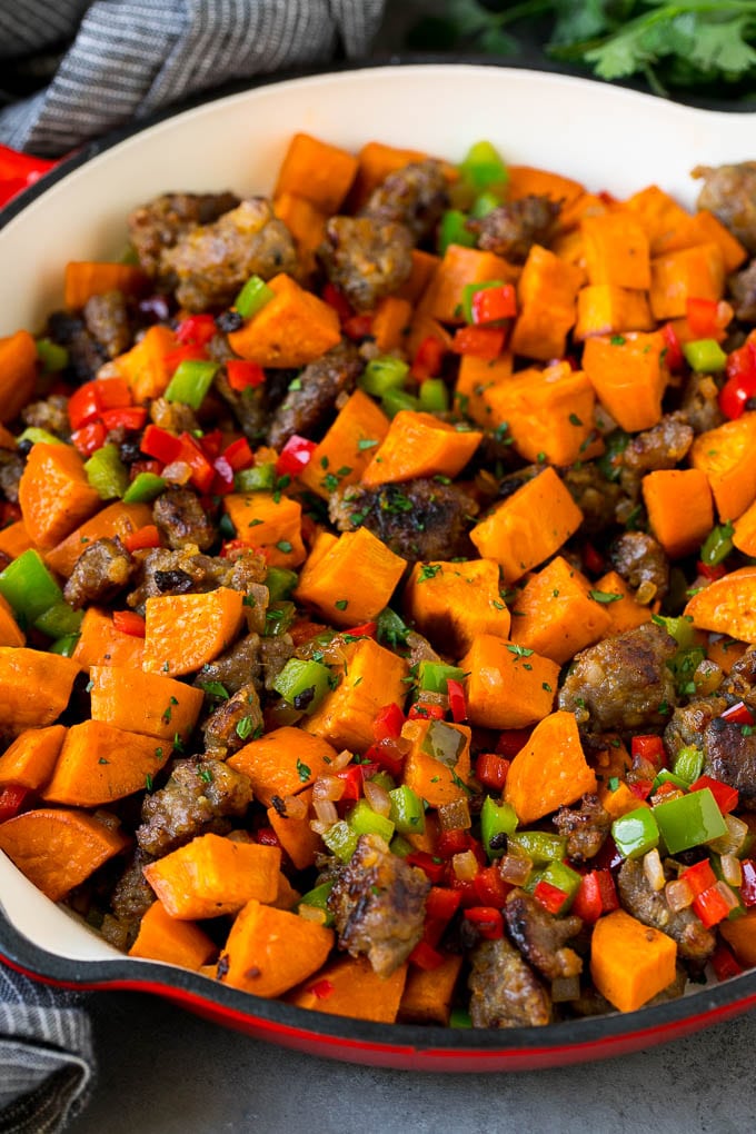 Sweet Potato Hash #sweetpotato #sausage #breakfast #brunch #edsug Hash with sweet potatoes, sausage and vegetables.