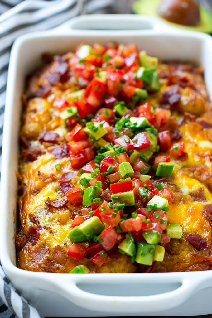 Breakfast Casserole with Bacon Recipe | Bacon and Egg Casserole | Egg Casserole with Bacon | Bacon Breakfast Casserole #eggs #bacon #casserole #breakfast #brunch #edsug A baked egg dish with a topping of vegetables.