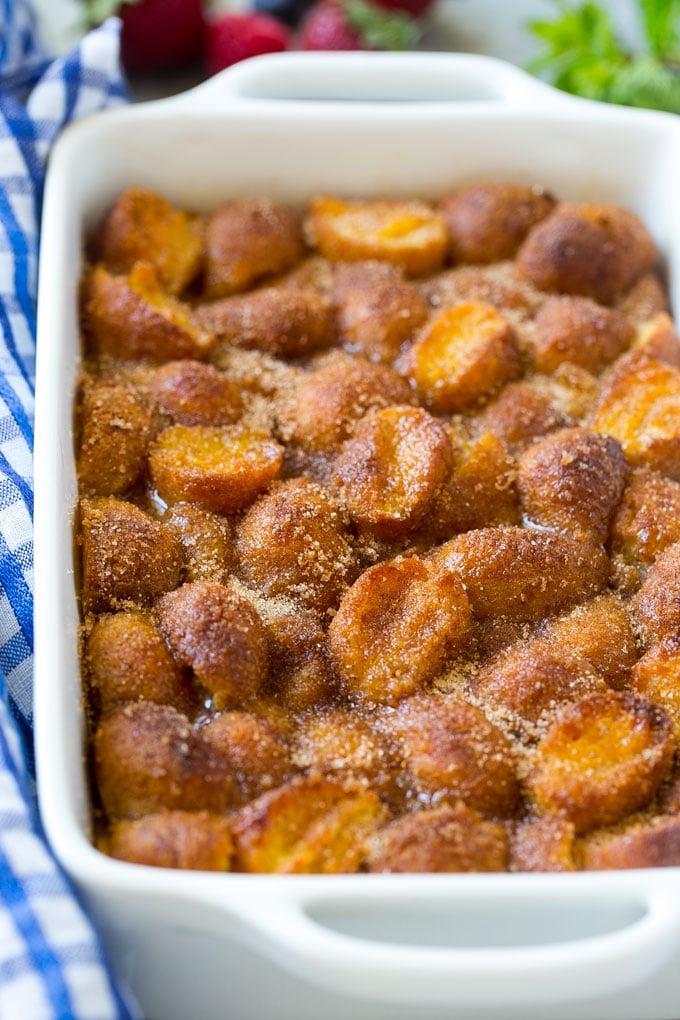 Donut Bread Pudding Recipe | Easy Bread Pudding | Cinnamon Donuts | Make Ahead Breakfast Recipe #breadpudding #donuts #donutholes #breakfast #edsug A baking dish of cinnamon sugar donut bread pudding.