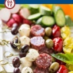 These antipasto skewers are a variety of Italian meats, cheeses, olives and vegetables threaded onto sticks. An easy and elegant appetizer!