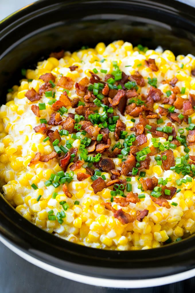 Slow Cooker Creamed Corn Recipe | Easy Creamed Corn Recipe | Slow Cooker Creamed Corn with Bacon | Southern Creamed Corn | Creamed Corn with Cream Cheese #creamedcorn #corn #bacon #crockpot #slowcooker #dinner #edsug Slow cooker creamed corn with Bacon and sliced chives.