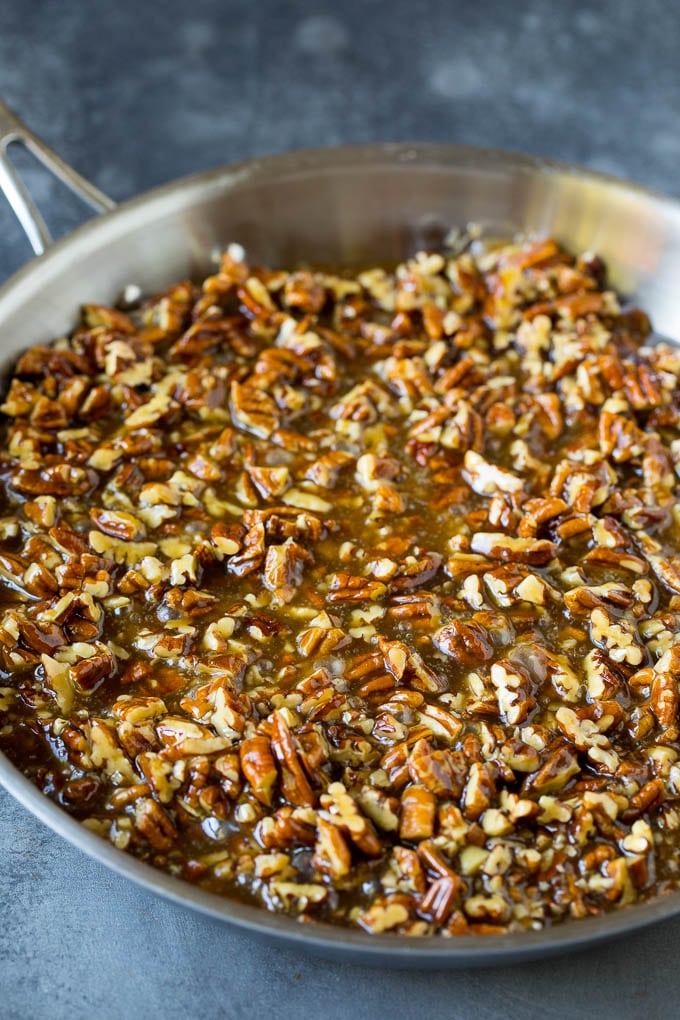 Pecan Pie Bars Recipe #pecans #pie #fall #pecanpie #dessert #thanksgiving #edsug Pecan pie filling in a pan.
