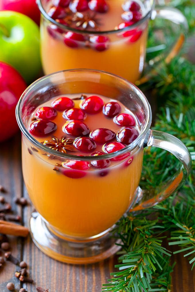 Slow Cooker Apple Cider | Mulled Apple Cider | Crockpot Apple Cider #cider #apple #applecider #drink #crockpot #slowcooker #edsug Mugs of slow cooker apple cider garnished with cranberries.