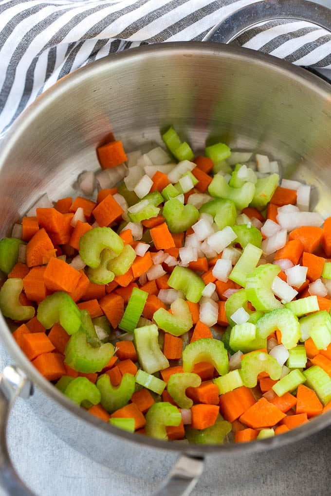 Hamburger Soup Recipe | Hamburger Stew | Ground Beef Soup #hamburger #soup #groundbeef #stew #dinner #edsug A pot with onions, carrots and celery.