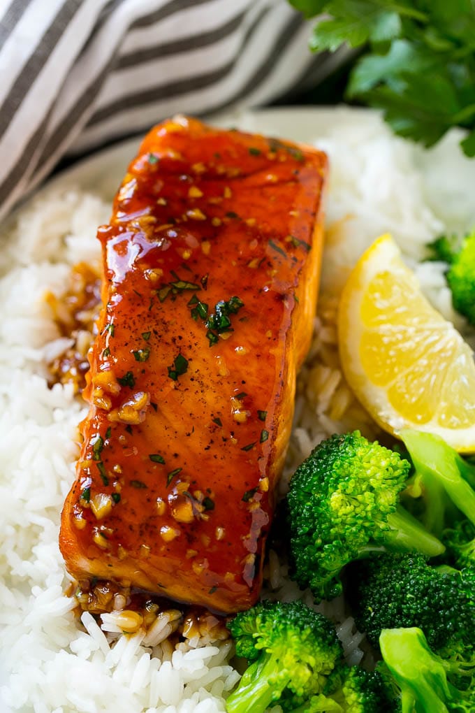 Honey Garlic Salmon Recipe | Asian Salmon Recipe | Healthy Salmon Recipe #salmon #fish #seafood #healthy #dinner #edsug Honey garlic salmon served over rice with a side of broccoli.