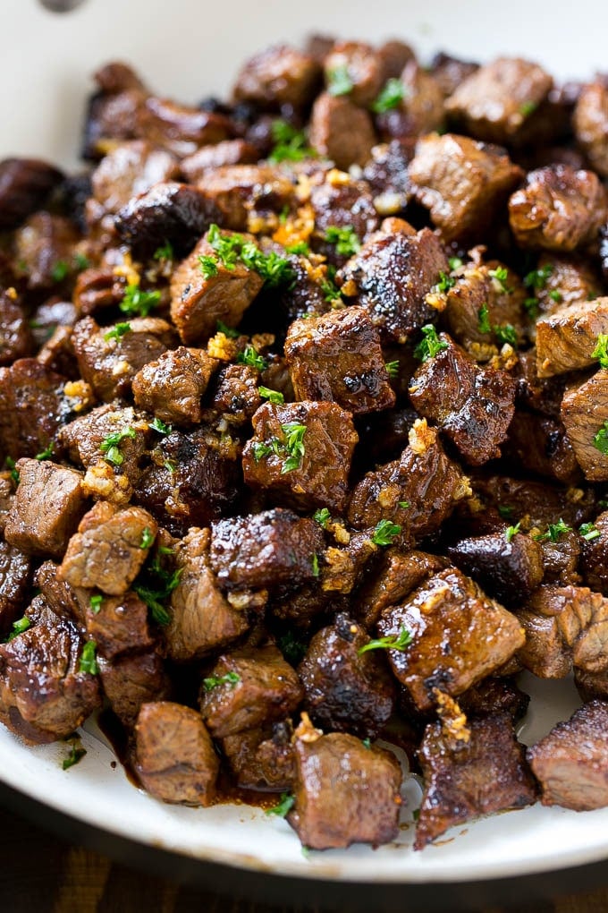 Steak Bites in Garlic Butter Recipe | Garlic Steak | Sirloin Steak Recipe | Steak Appetizer #steak #lowcarb #keto #edsug #dinner Bites of sirloin steak in a garlic sauce.