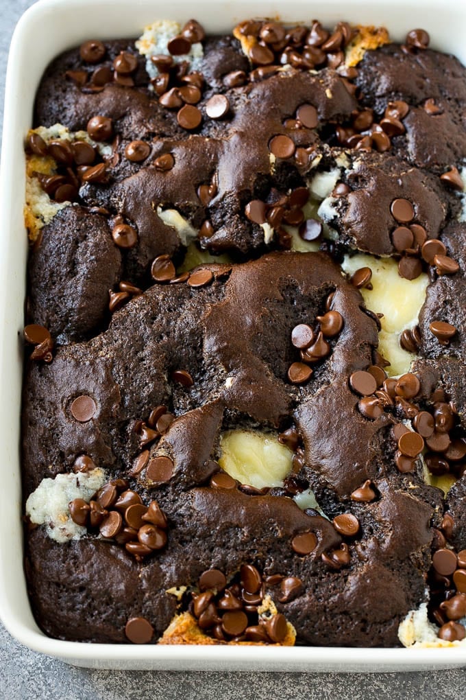 Earthquake Cake Recipe | Chocolate Cake Recipe | Chocolate Coconut Cake | Coconut Pecan Cake #cake #chocolate #coconut #pecans #dessert #chocolatecake #edsug An overhead shot of chocolate cream cheese cake.