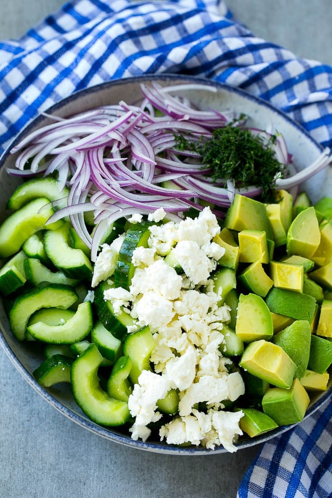 Cucumber Feta Salad Recipe | Cucumber Salad | Feta Cheese Salad | Summer Salad #salad #cucumber #edsug Salad ingredients in a bowl.