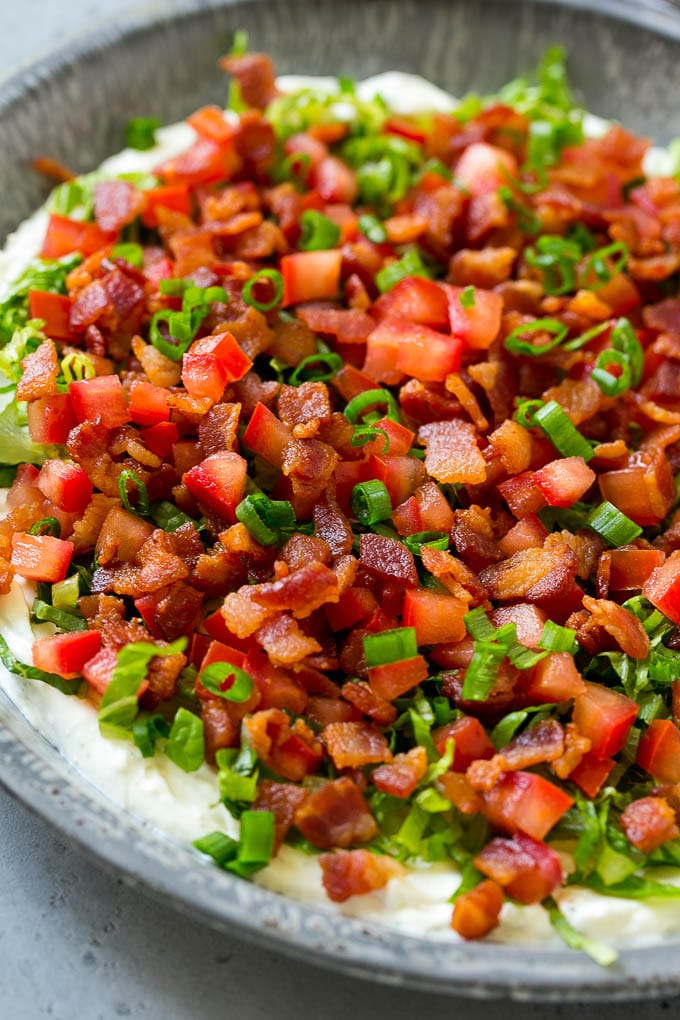 BLT Dip Recipe | Bacon Dip Recipe | Ranch Dip #dip #ranch #bacon #lettuce #tomato #appetizer #edsug BLT dip with a creamy ranch base, lettuce, tomatoes and bacon.