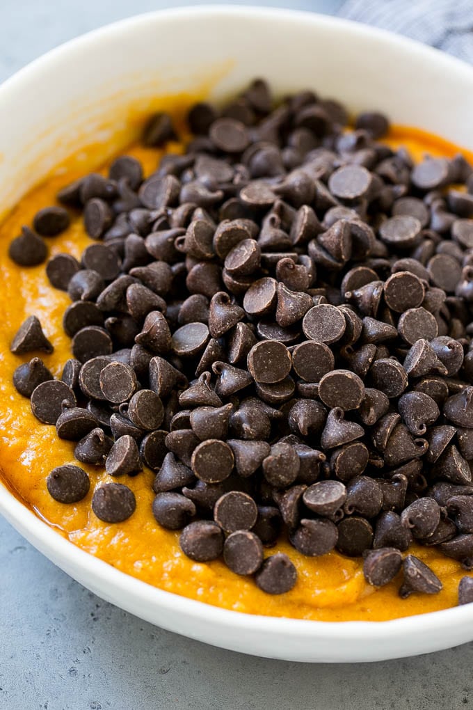 Pumpkin Chocolate Chip Cookies Recipe | Pumpkin Cookies | Pumpkin Chocolate Cookies #pumpkin #cookies #chocolate #baking #fall #edsug #dessert Batter with chocolate chips on top in a bowl.