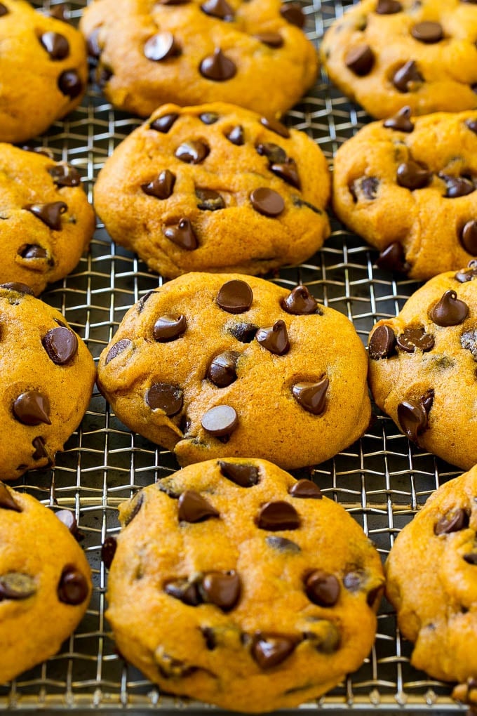 Pumpkin Chocolate Chip Cookies Recipe | Pumpkin Cookies | Pumpkin Chocolate Cookies #pumpkin #cookies #chocolate #baking #fall #edsug #dessert Pumpkin chocolate chip cookies on a cooling rack.