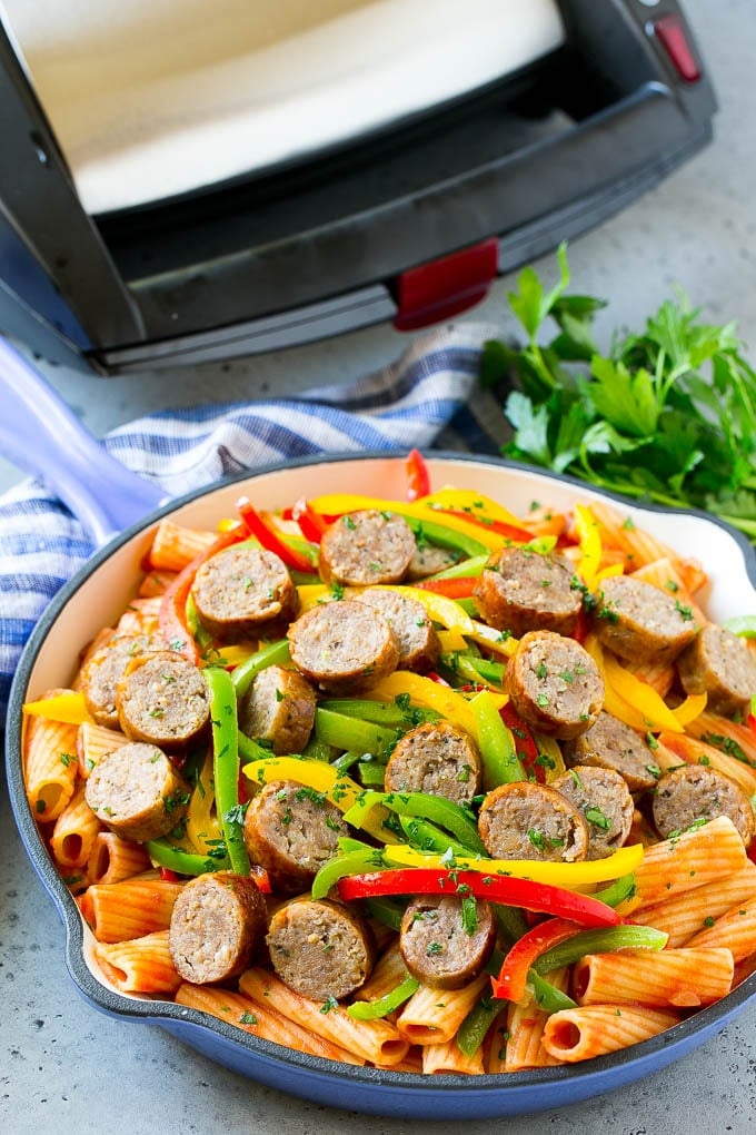 Sausage and Pepper Pasta Recipe | Italian Sausage Recipe | Sausage and Peppers | Easy Pasta #pasta #sausage #peppers #dinner #edsug Finished pasta in a skillet.