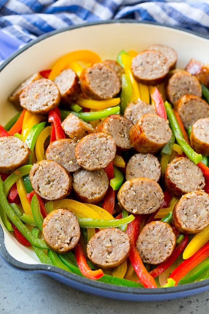Sausage and Pepper Pasta Recipe | Italian Sausage Recipe | Sausage and Peppers | Easy Pasta #pasta #sausage #peppers #dinner #edsug Sausage and peppers in a skillet.