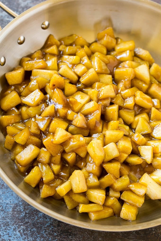Fried Apple Pies Recipe | McDonald's Copycat Recipe | Apple Pie | Apple Hand Pies #pie #apples #applepie #dessert #snack #edsug Homemade apple pie filling in a skillet.