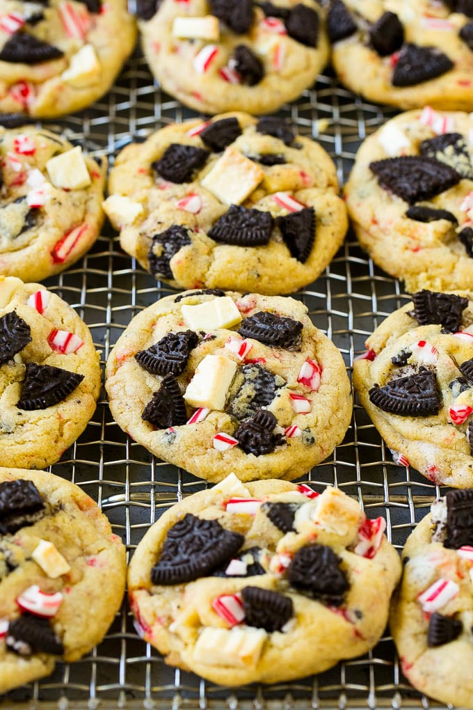 Oreo Peppermint Cookies Recipe | Candy Cane Cookies | Oreo Cookies #oreo #peppermint #cookies #baking #Christmas #sweets #edsug Oreo peppermint cookies on a cooling rack.