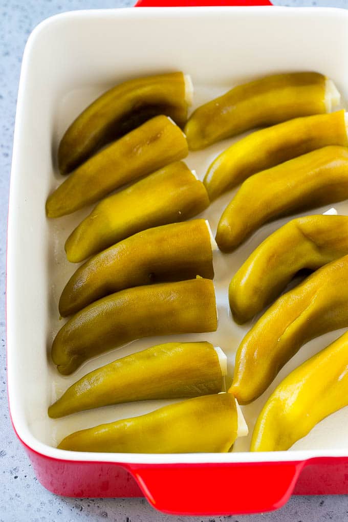 Chile Relleno Casserole Recipe | Baked Chile Rellenos | Mexican Casserole #casserole #chiles #mexican #cheese #dinner #edsug Cheese stuffed chiles in a baking dish.