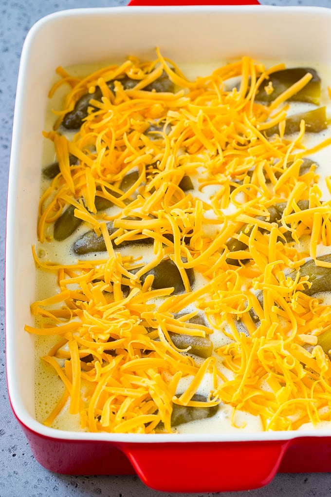 Chile Relleno Casserole Recipe | Baked Chile Rellenos | Mexican Casserole #casserole #chiles #mexican #cheese #dinner #edsug Green chiles in an egg batter topped with shredded cheddar cheese.