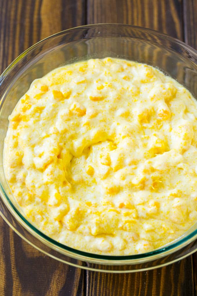 Corn Pudding Recipe | Corn Casserole | Corn Side Dish #corn #pudding #casserole #sidedish #thanksgiving #dinner #edsug A bowl of batter.