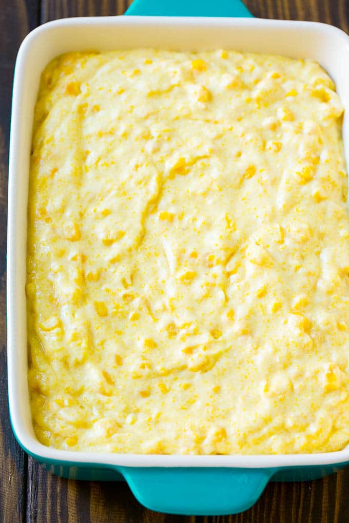 Corn Pudding Recipe | Corn Casserole | Corn Side Dish #corn #pudding #casserole #sidedish #thanksgiving #dinner #edsug Batter spread into a baking dish.
