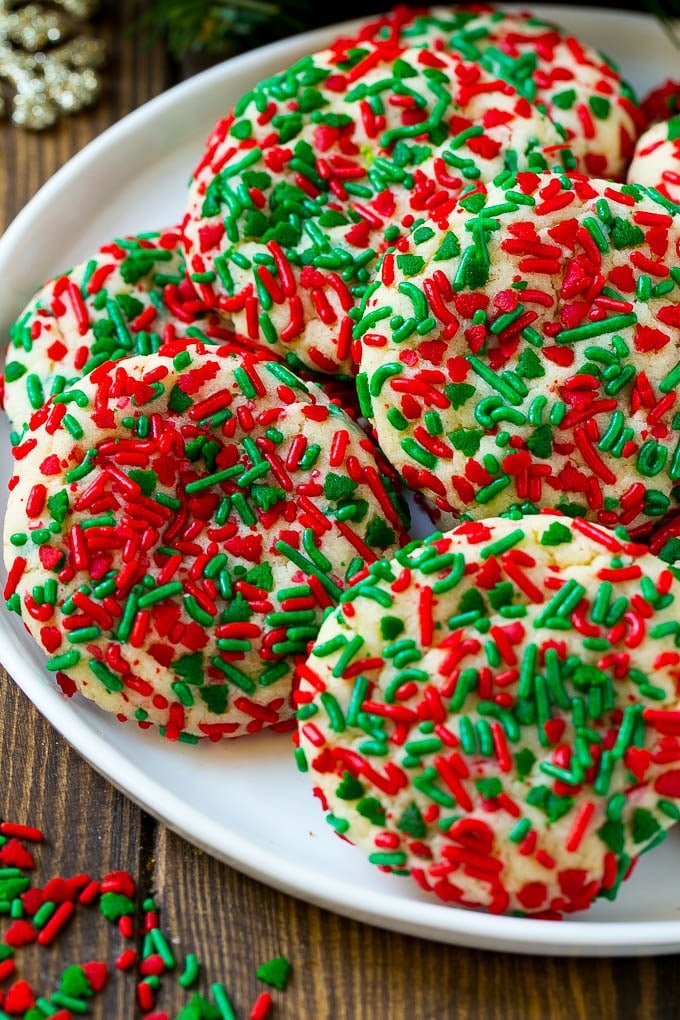 Cake Mix Cookies Recipe | Sprinkle Cookies | Christmas Cookies #cookies #christmas #sprinkles #dessert #baking #edsug Cake mix cookies with sprinkles on a serving plate.