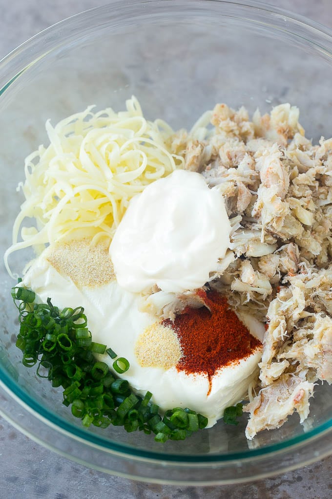 Crab Dip Recipe | Hot Crab Dip | Seafood Dip #dip #crab #seafood #appetizer #edsug #cheese Crab, cream cheese, mayonnaise, green onions and spices in a mixing bowl.