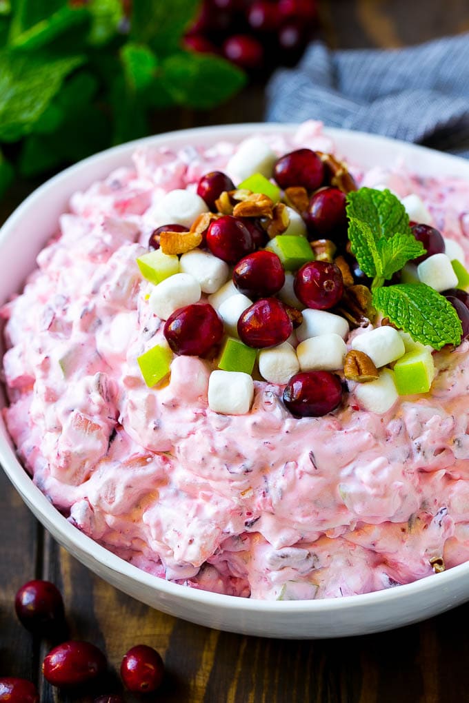 Cranberry Salad Recipe | Fluff Salad #cranberry #salad #fall #dinner #edsug #thanksgiving Cranberry salad garnished with cranberries, marshmallows, pecans and apples.