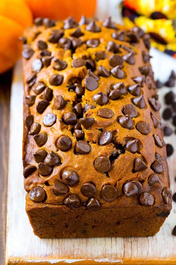 Pumpkin Chocolate Chip Bread Recipe | Pumpkin Bread | Chocolate Pumpkin Bread #pumpkin #bread #fall #chocolate #baking #dessert #edsug A loaf of pumpkin chocolate chip bread.
