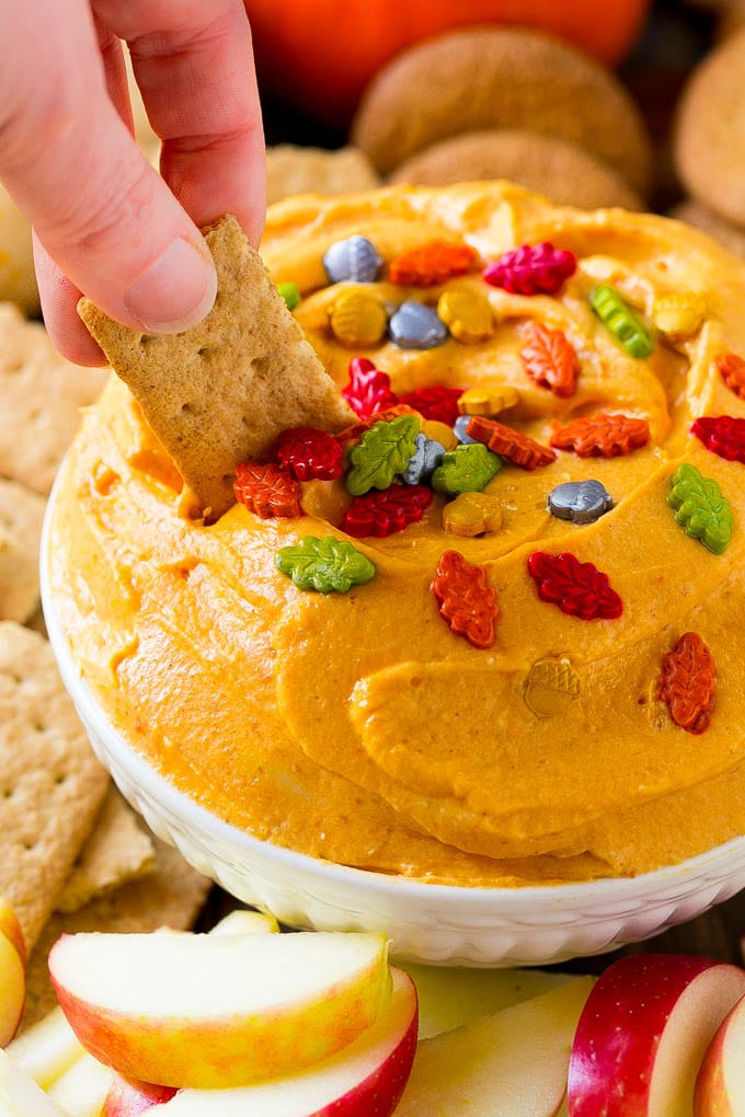 Pumpkin Dip Recipe | Dessert Dip | Pumpkin Pie Dip #pumpkin #dessert #dip #fall #thanksgiving #edsug A bowl of pumpkin dip with a graham cracker scooping some out.