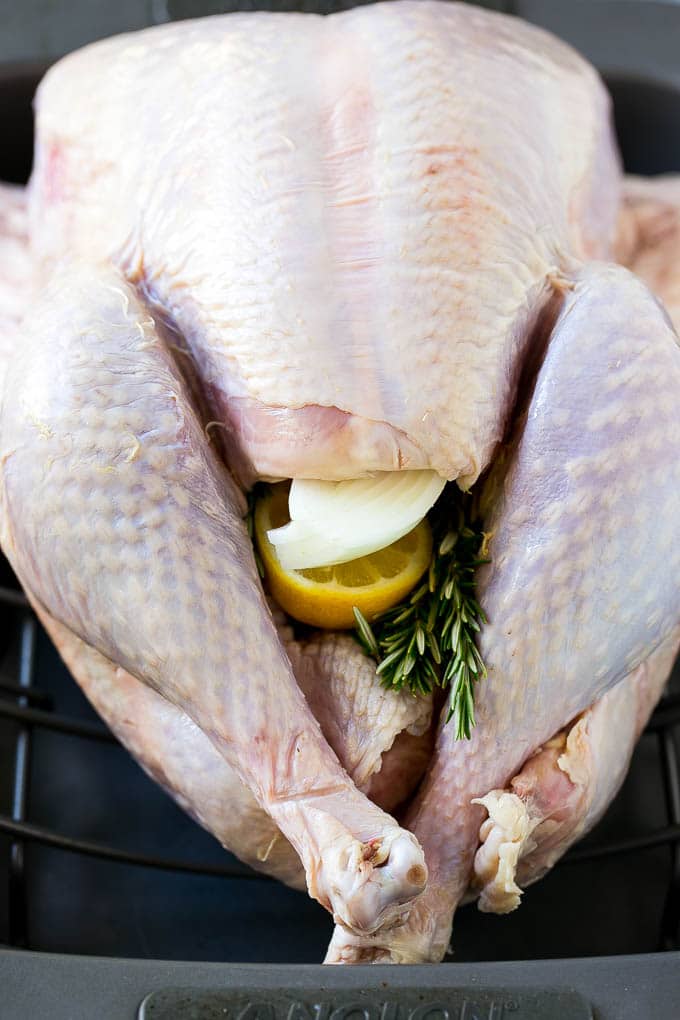 Roast Turkey Recipe | Thanksgiving Turkey | Holiday Turkey | Baked Turkey #turkey #thanksgiving #christmas #dinner #glutenfree #edsug A raw bird with onion, lemon and herbs in the cavity.