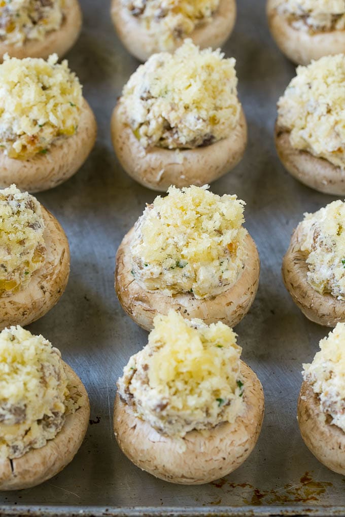 Sausage Stuffed Mushrooms Recipe | Stuffed Mushrooms | Mushroom Appetizer #mushrooms #sausage #appetizer #lowcarb #keto #edsug Raw sausage stuffed mushrooms ready to go into the oven.