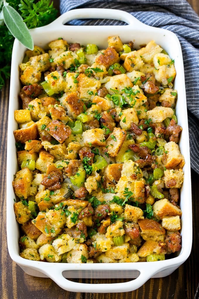 Sausage Stuffing Recipe | Thanksgiving Stuffing | Make Ahead Stuffing #stuffing #thanksgiving #sausage #sidedish #dinner #edsug A baking dish of sausage stuffing made with Italian sausage, bread cubes and vegetables.