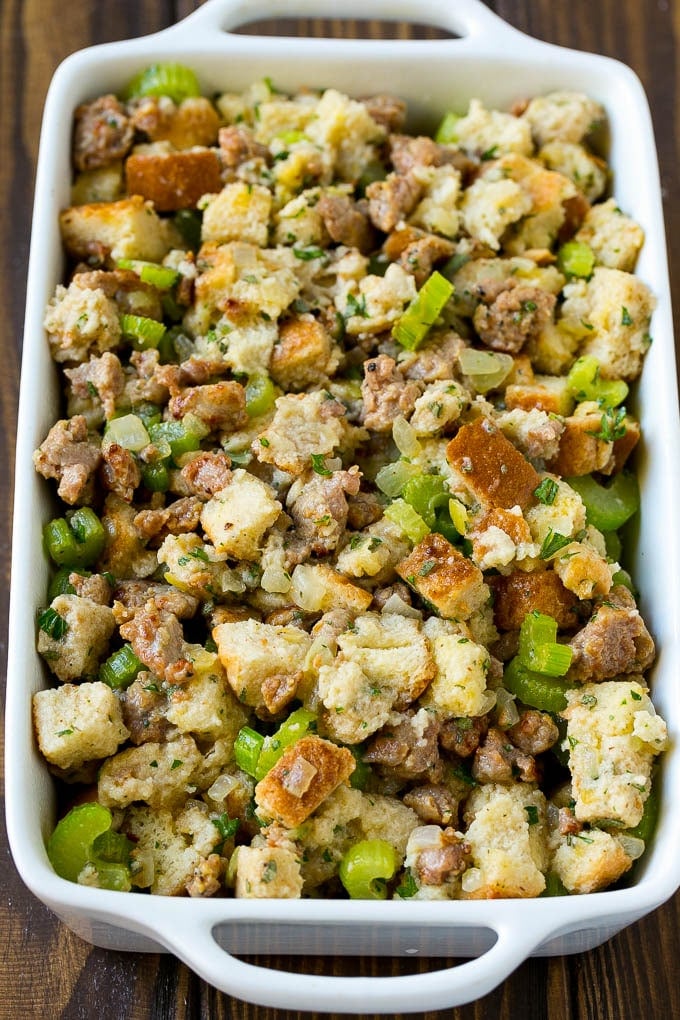 Sausage Stuffing Recipe | Thanksgiving Stuffing | Make Ahead Stuffing #stuffing #thanksgiving #sausage #sidedish #dinner #edsug The ingredients for stuffing assembled in a pan and ready to go into the oven.