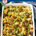 This sausage stuffing recipe is a savory blend of Italian sausage, bread, vegetables and herbs, all baked to golden brown perfection.