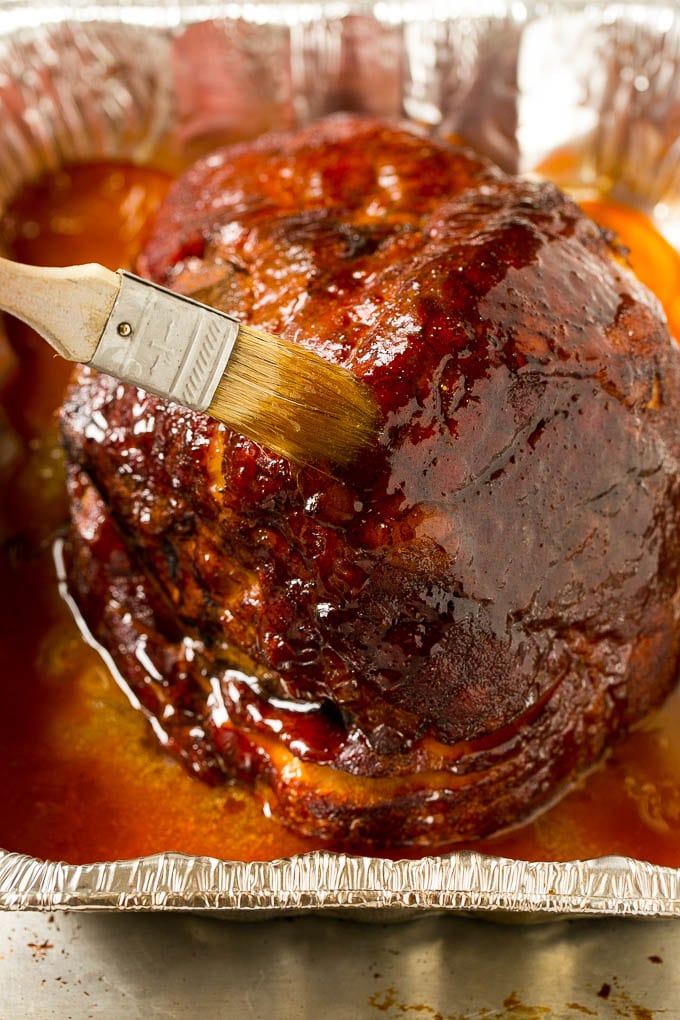 Brown sugar glaze brushed on the pork.